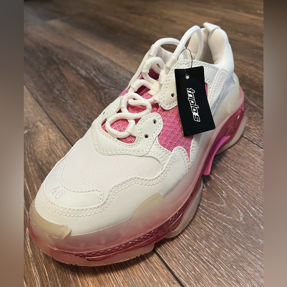 NWT - Balenciaga Fabric Mesh Clear Sole Womens Triple S Sneakers 40 White Pink